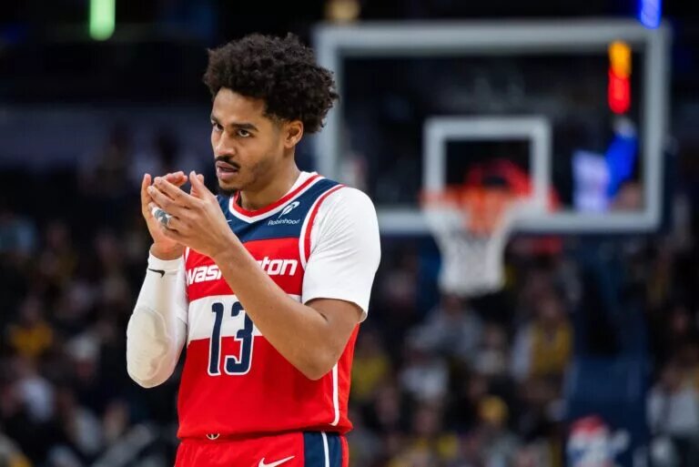 Apr 8, 2025; Indianapolis, Indiana, USA; Washington Wizards guard Jordan Poole (13) in the first half against the Indiana Pacers at Gainbridge Fieldhouse. Mandatory Credit: Trevor Ruszkowski-Imagn Images