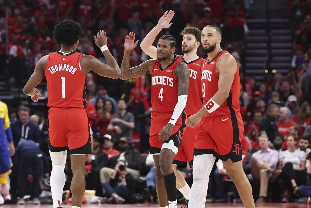 Houston Rockets guard Jalen Green (4) and forward Amen Thompson