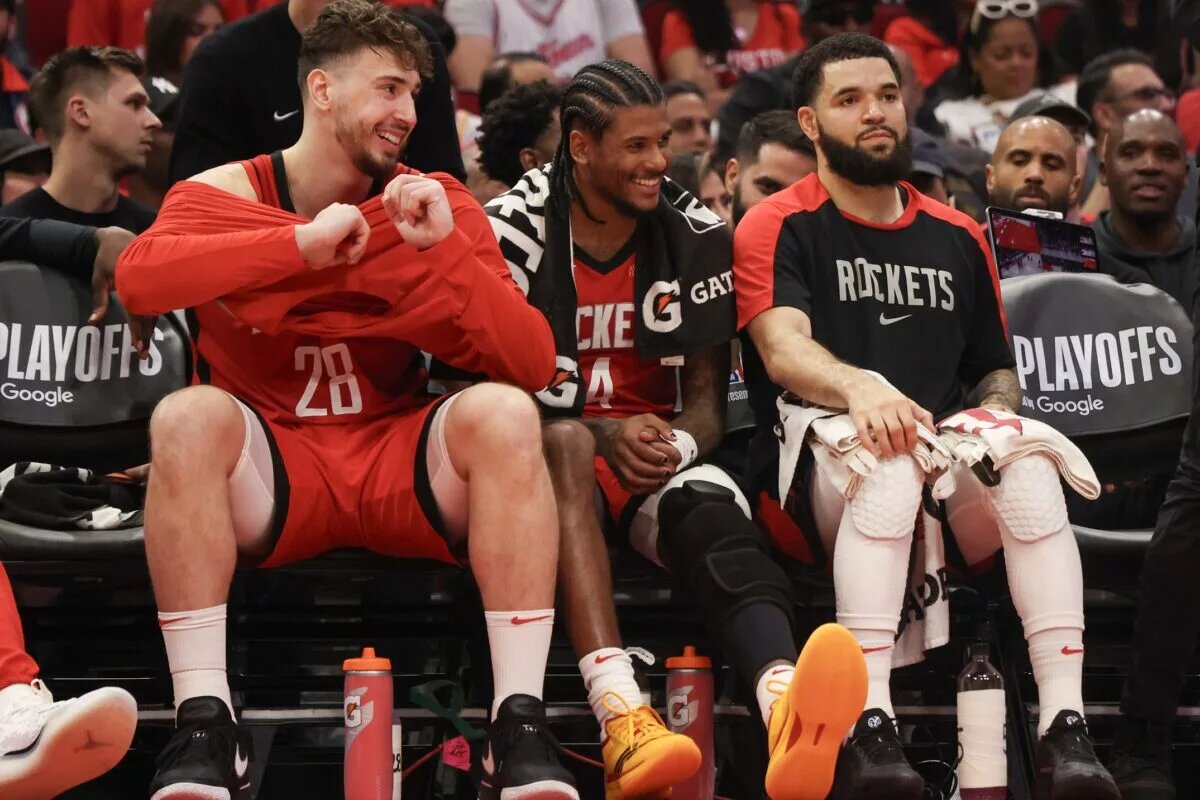 Houston Rockets center Alperen Sengun (28) guard Jalen Green (4) and guard Fred VanVleet