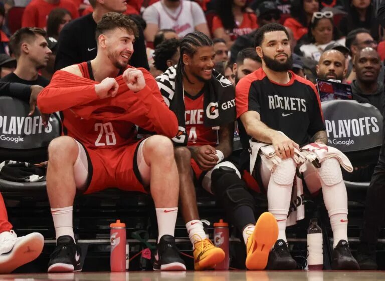 Houston Rockets center Alperen Sengun (28) guard Jalen Green (4) and guard Fred VanVleet