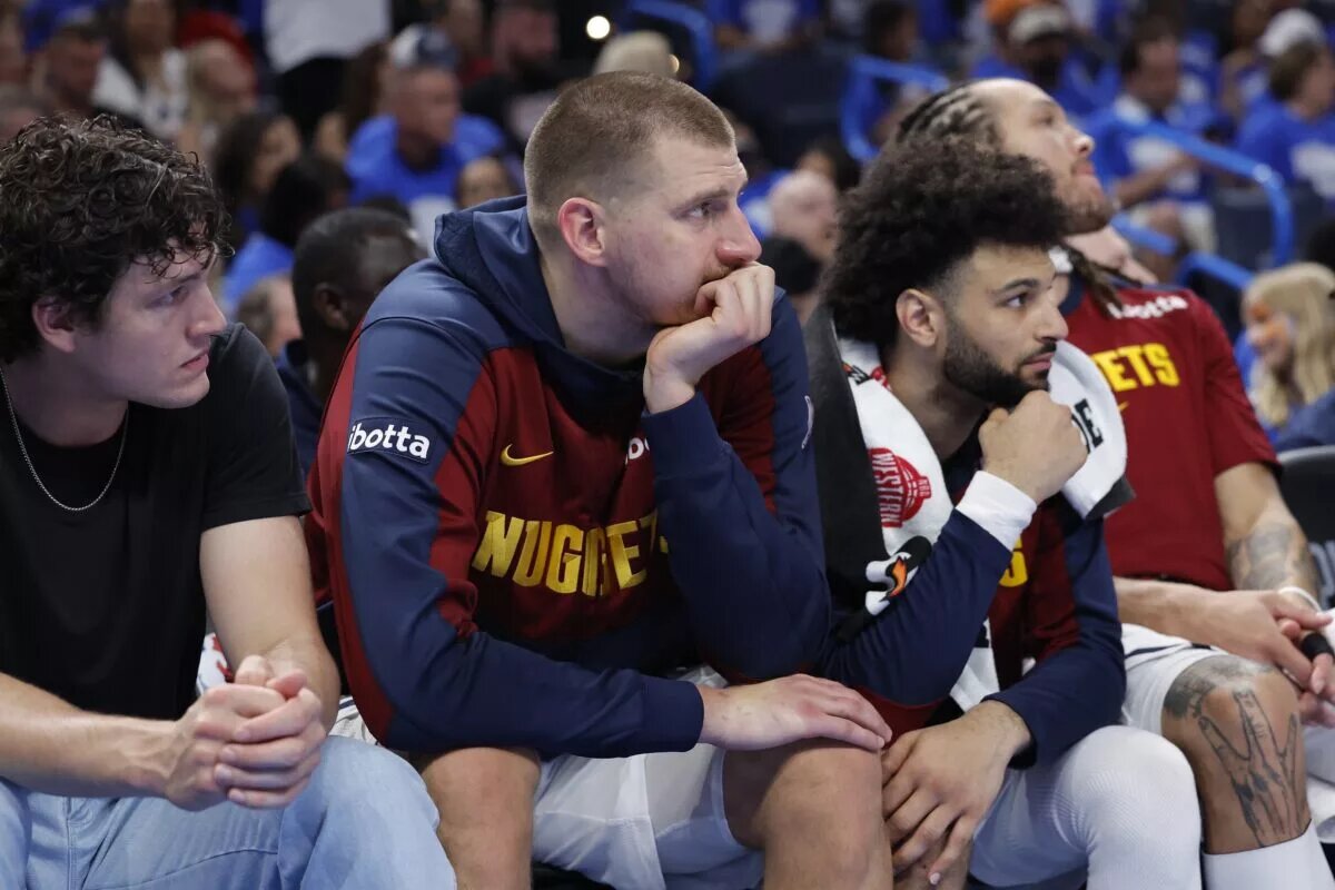 May 18, 2025; Oklahoma City, Oklahoma, USA; Denver Nuggets center Nikola Jokic (15) watches the game from the bench in the fourth quarter against the Oklahoma City Thunder in game seven of the second round for the 2025 NBA Playoffs at Paycom Center. Mandatory Credit: Alonzo Adams-Imagn Images