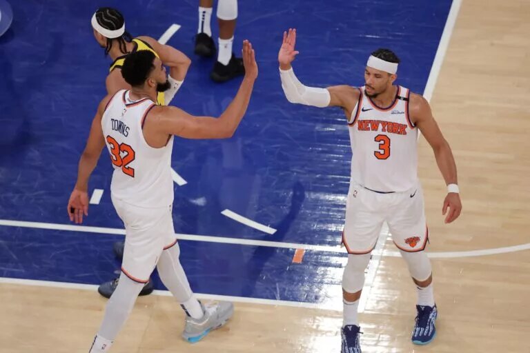 May 29, 2025; New York, New York, USA; New York Knicks center Karl-Anthony Towns (32) and guard Josh Hart (3) react in the fourth quarter against the Indiana Pacers during game five of the eastern conference finals for the 2025 NBA Playoffs at Madison Square Garden. Mandatory Credit: Brad Penner-Imagn Images