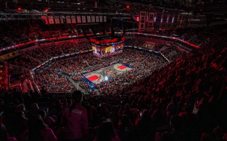 May 30, 2025; Indianapolis, Indiana, USA; Indiana Fever fans stand up for tip-off against the Connecticut Sun on Friday, May 30, 2025, during the game at Gainbridge Fieldhouse in Indianapolis. The Connecticut Sun defeated the Indiana Fever, 85-83. Mandatory Credit: Grace Hollars-USA TODAY Network via Imagn Images