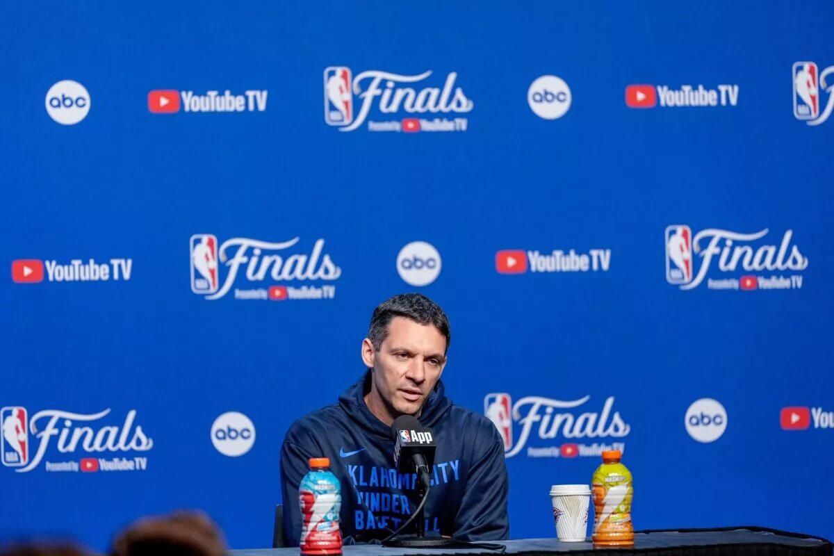 Oklahoma City head coach Mark Daigneault speaks at a press conference during an NBA Finals practice session ahead of Game 2 at Paycom Center Oklahoma City, on Saturday, June 7, 2025.