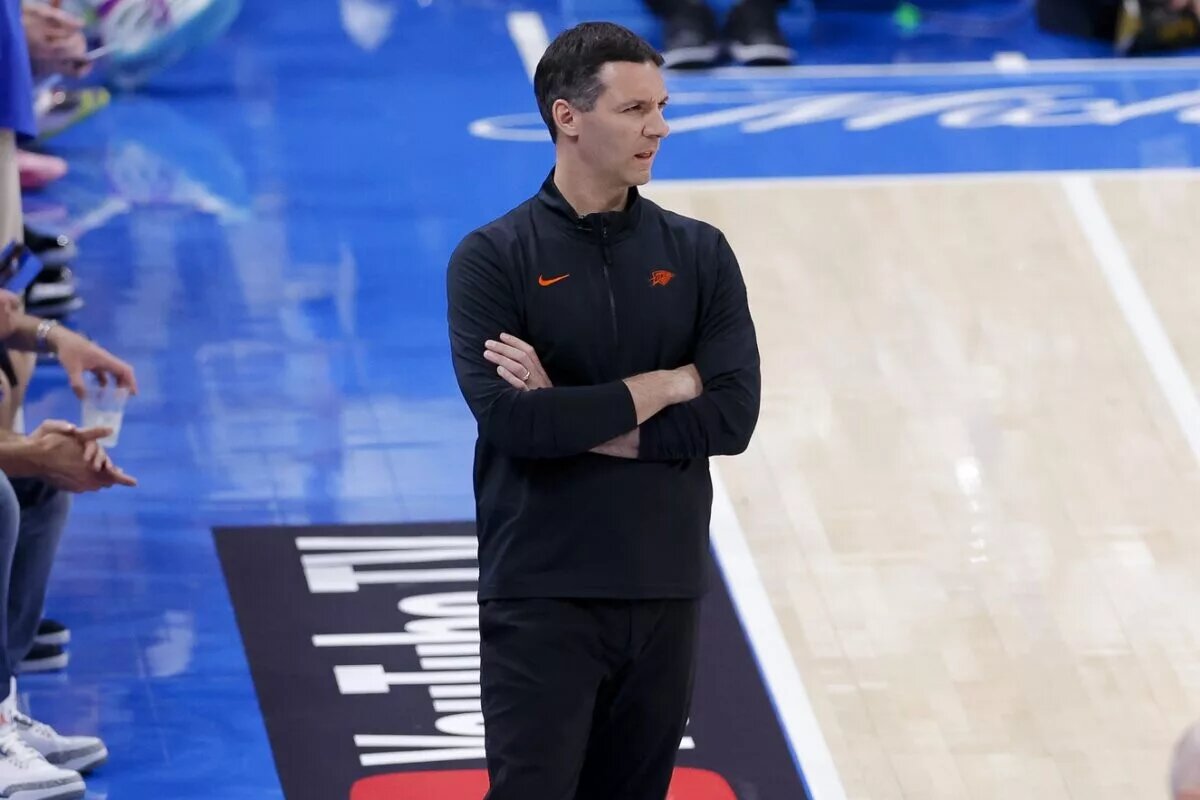 Jun 16, 2025; Oklahoma City, Oklahoma, USA; Oklahoma City Thunder head coach Mark Daigneault looks on during the fourth quarter against the Indiana Pacers in game five of the 2025 NBA Finals at Paycom Center. Mandatory Credit: Alonzo Adams-Imagn Images