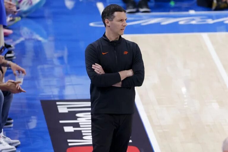 Jun 16, 2025; Oklahoma City, Oklahoma, USA; Oklahoma City Thunder head coach Mark Daigneault looks on during the fourth quarter against the Indiana Pacers in game five of the 2025 NBA Finals at Paycom Center. Mandatory Credit: Alonzo Adams-Imagn Images