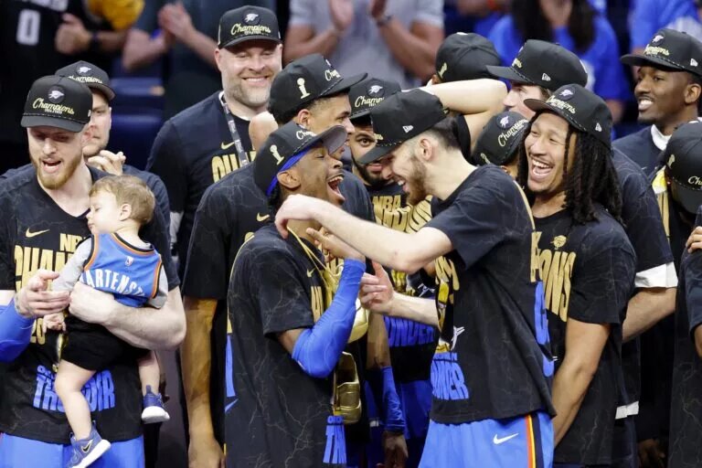 Jun 22, 2025; Oklahoma City, Oklahoma, USA; Oklahoma City Thunder guard Shai Gilgeous-Alexander (2) celebrates with Oklahoma City Thunder forward Chet Holmgren (7) after winning game seven of the 2025 NBA Finals against the Indiana Pacers at Paycom Center. Mandatory Credit: Alonzo Adams-Imagn Images