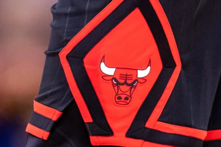Oct 23, 2024; New Orleans, Louisiana, USA; Detailed view of the Chicago Bulls logo against the New Orleans Pelicans during the second half at Smoothie King Center. Mandatory Credit: Stephen Lew-Imagn Images