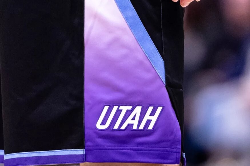 Jan 20, 2025; New Orleans, Louisiana, USA; Detailed view of the Utah Jazz logo against the New Orleans Pelicans during the first half at Smoothie King Center. Mandatory Credit: Stephen Lew-Imagn Images