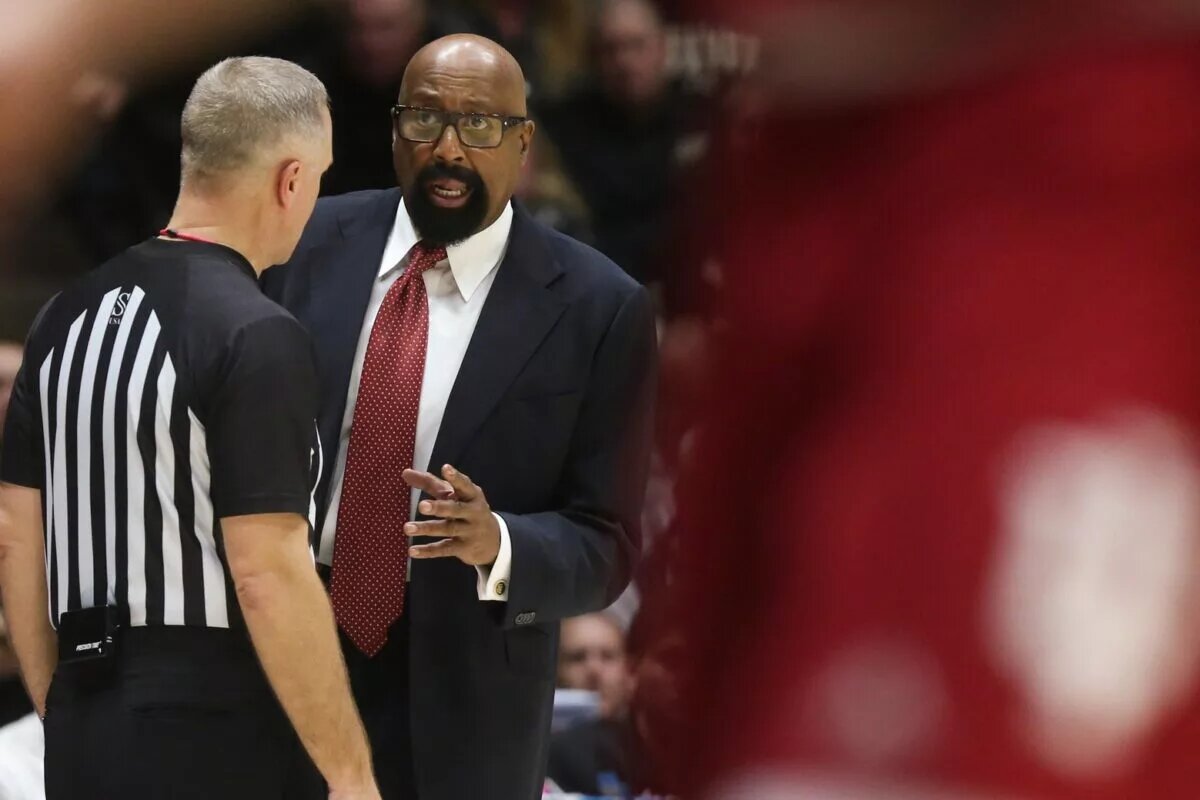Indiana Hoosiers head coach Mike Woodson talks to an official Friday, Jan. 31, 2025, during the NCAA men’s basketball game against the Purdue Boilermakers at Mackey Arena in West Lafayette, Ind. Purdue Boilermakers won 81-76.