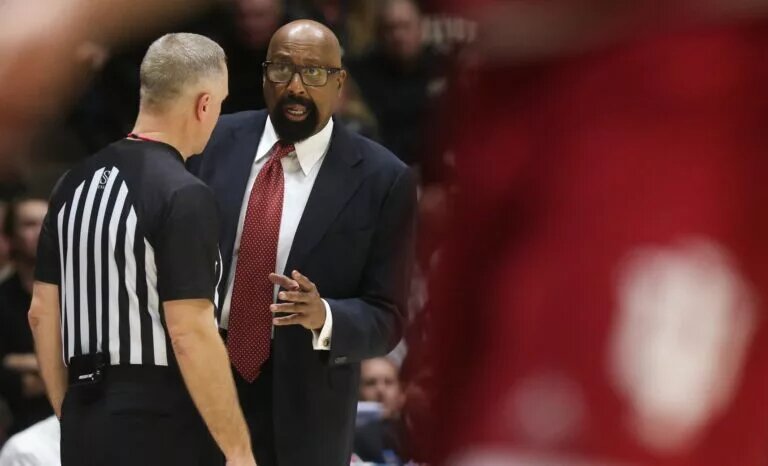 Indiana Hoosiers head coach Mike Woodson talks to an official Friday, Jan. 31, 2025, during the NCAA men’s basketball game against the Purdue Boilermakers at Mackey Arena in West Lafayette, Ind. Purdue Boilermakers won 81-76.
