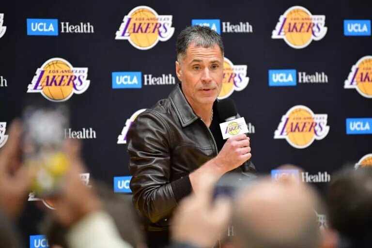 Feb 4, 2025; El Segundo, CA, USA; Los Angeles Lakers vice president of basketball operations and general manager Rob Pelinka speaks before introducing Luka Doncic at UCLA Health Training Center. Mandatory Credit: Gary A. Vasquez-Imagn Images