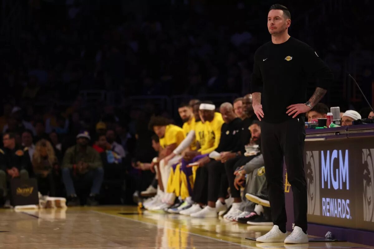 Feb 19, 2025; Los Angeles, California, USA; Los Angeles Lakers head coach JJ Redick during the third quarter against the Charlotte Hornets at Crypto.com Arena. Mandatory Credit: Jason Parkhurst-Imagn Images