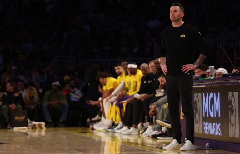 Feb 19, 2025; Los Angeles, California, USA; Los Angeles Lakers head coach JJ Redick during the third quarter against the Charlotte Hornets at Crypto.com Arena. Mandatory Credit: Jason Parkhurst-Imagn Images