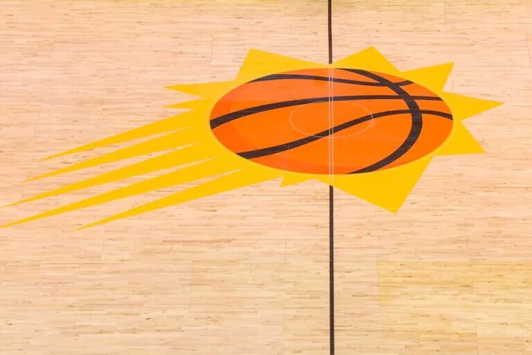 Feb 27, 2025; Phoenix, Arizona, USA; A general view of the Phoenix Suns logo on the court before a game against the New Orleans Pelicans at Footprint Center. Mandatory Credit: Brett Davis-Imagn Images