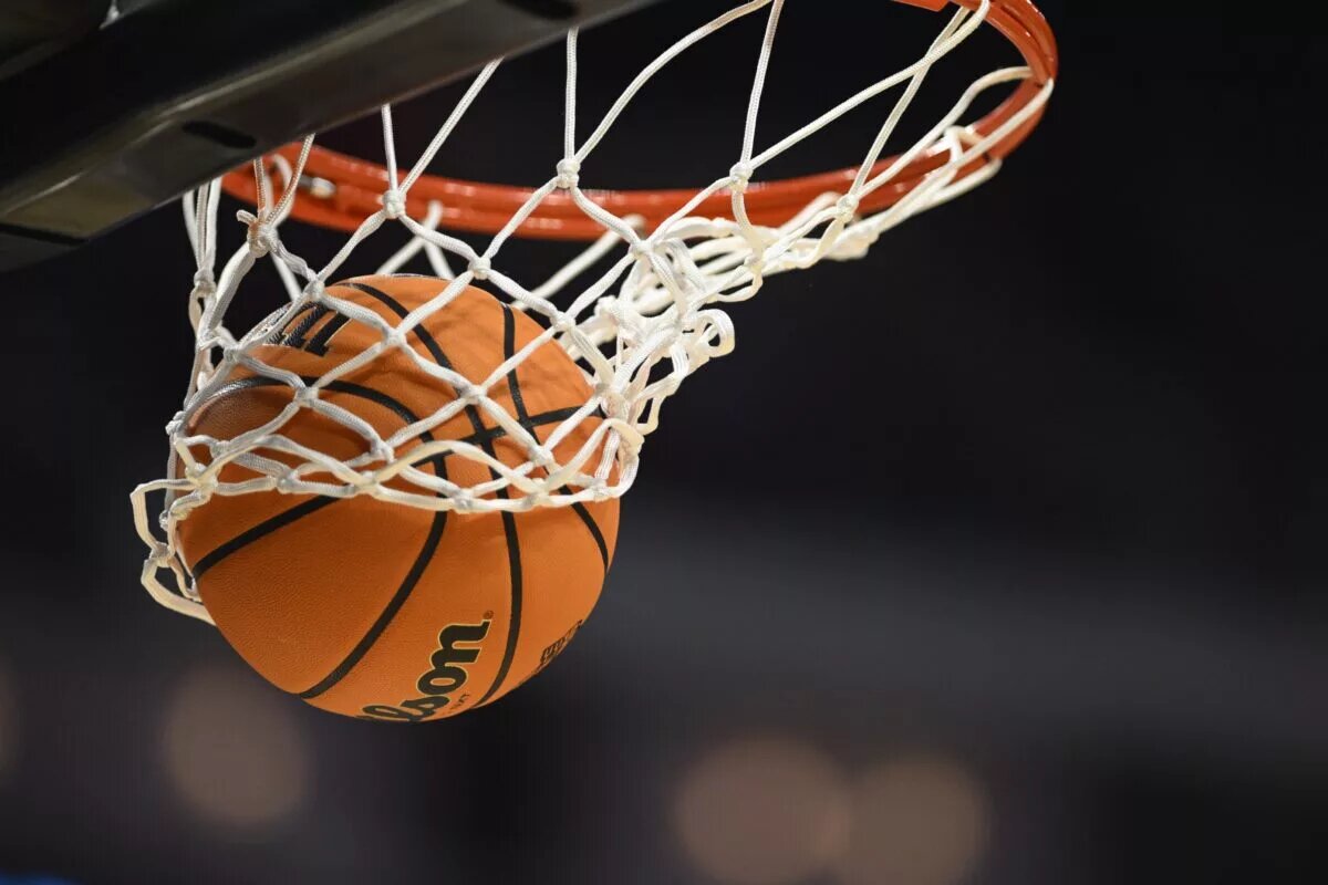 Mar 27, 2025; San Francisco, CA, USA; A basketball goes through the net during the second half of a game between the Maryland Terrapins and the Florida Gators during a West Regional semifinal of the 2025 NCAA tournament at Chase Center. Mandatory Credit: Eakin Howard-Imagn Images