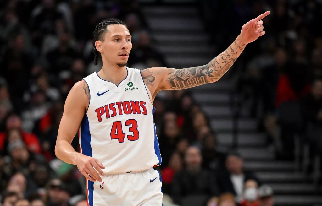 Apr 4, 2025; Toronto, Ontario, CAN; Detroit Pistons guard Lindy Waters III (43) reacts after making a three point basket against the Toronto Raptors in the first half at Scotiabank Arena. Mandatory Credit: Dan Hamilton-Imagn Images