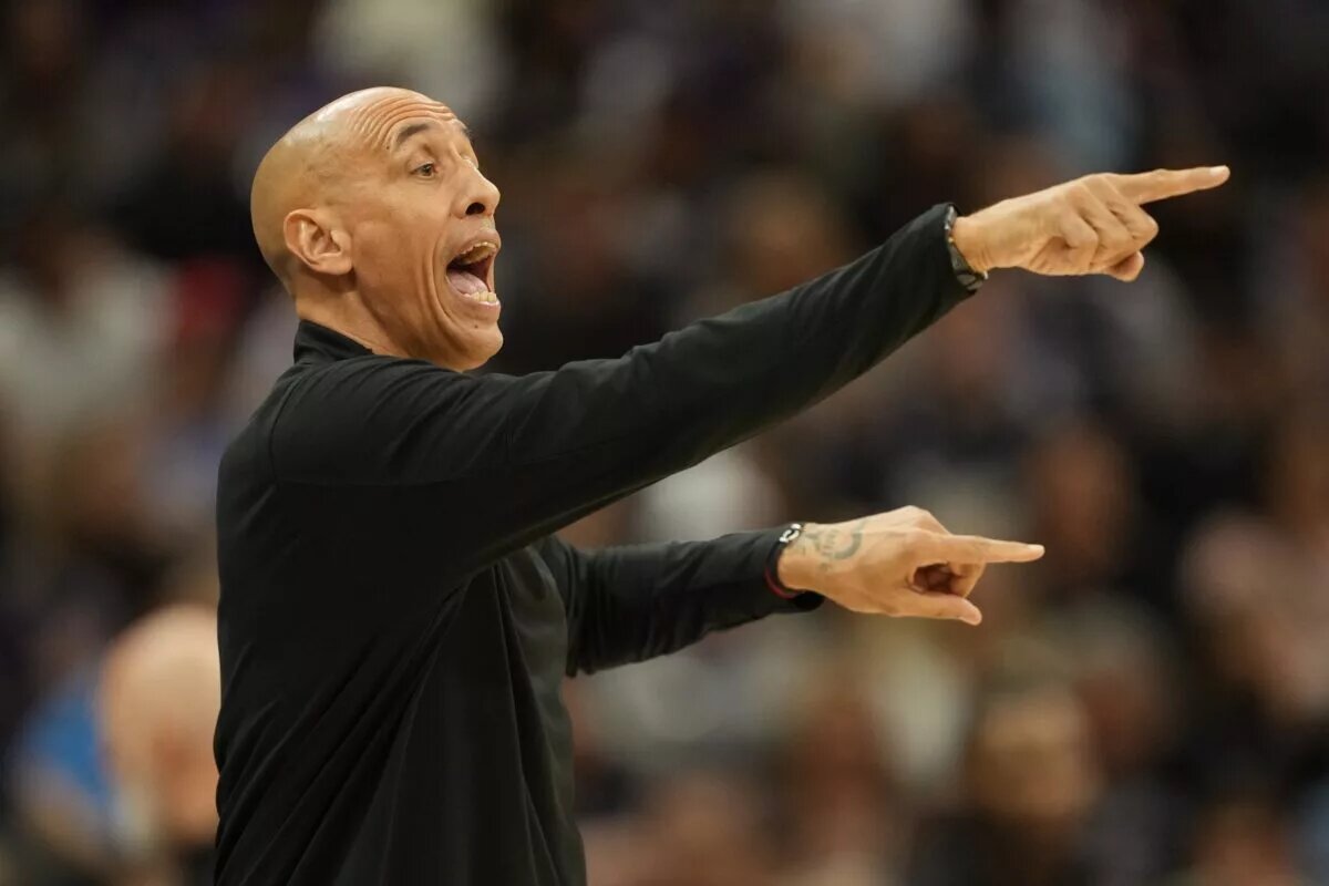 Apr 11, 2025; Sacramento, California, USA; Sacramento Kings interim head coach Doug Christie yells during the third quarter against the Los Angeles Clippers at Golden 1 Center. Mandatory Credit: Darren Yamashita-Imagn Images