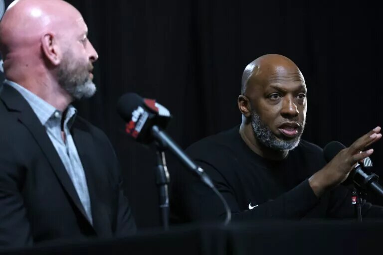 Apr 13, 2025; Portland, Oregon, USA; Portland Trail Blazers general manager Joe Cronin (left), listens to Trail Blazers’ head coach Chauncey Billups answer a question during a press conference before Portland plays their last season game against Los Angeles Lakers at Moda Center. Mandatory Credit: Jaime Valdez-Imagn Images