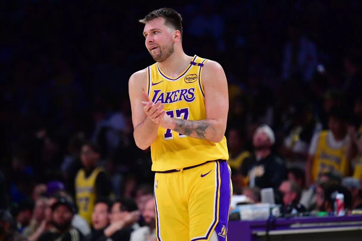 Apr 30, 2025; Los Angeles, California, USA; Los Angeles Lakers guard Luka Doncic (77) reacts during the second half in game five of first round for the 2025 NBA Playoffs at Crypto.com Arena. Mandatory Credit: Gary A. Vasquez-Imagn Images