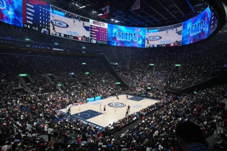 May 1, 2025; Inglewood, California, USA; A general overall view of the Intuit Dome during game six of first round for the 2025 NBA Playoffs between the Denver Nuggets and the LA Clippers. Mandatory Credit: Kirby Lee-Imagn Images