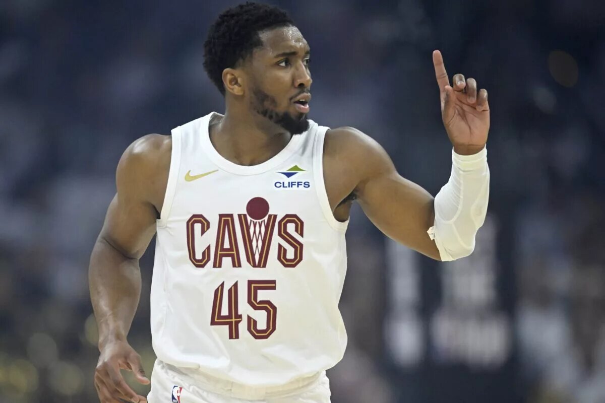 Cleveland Cavaliers guard Donovan Mitchell (45) reacts in the first quarter against the Indiana Pacers during game two of the second round of the 2025 NBA Playoffs at Rocket Arena.