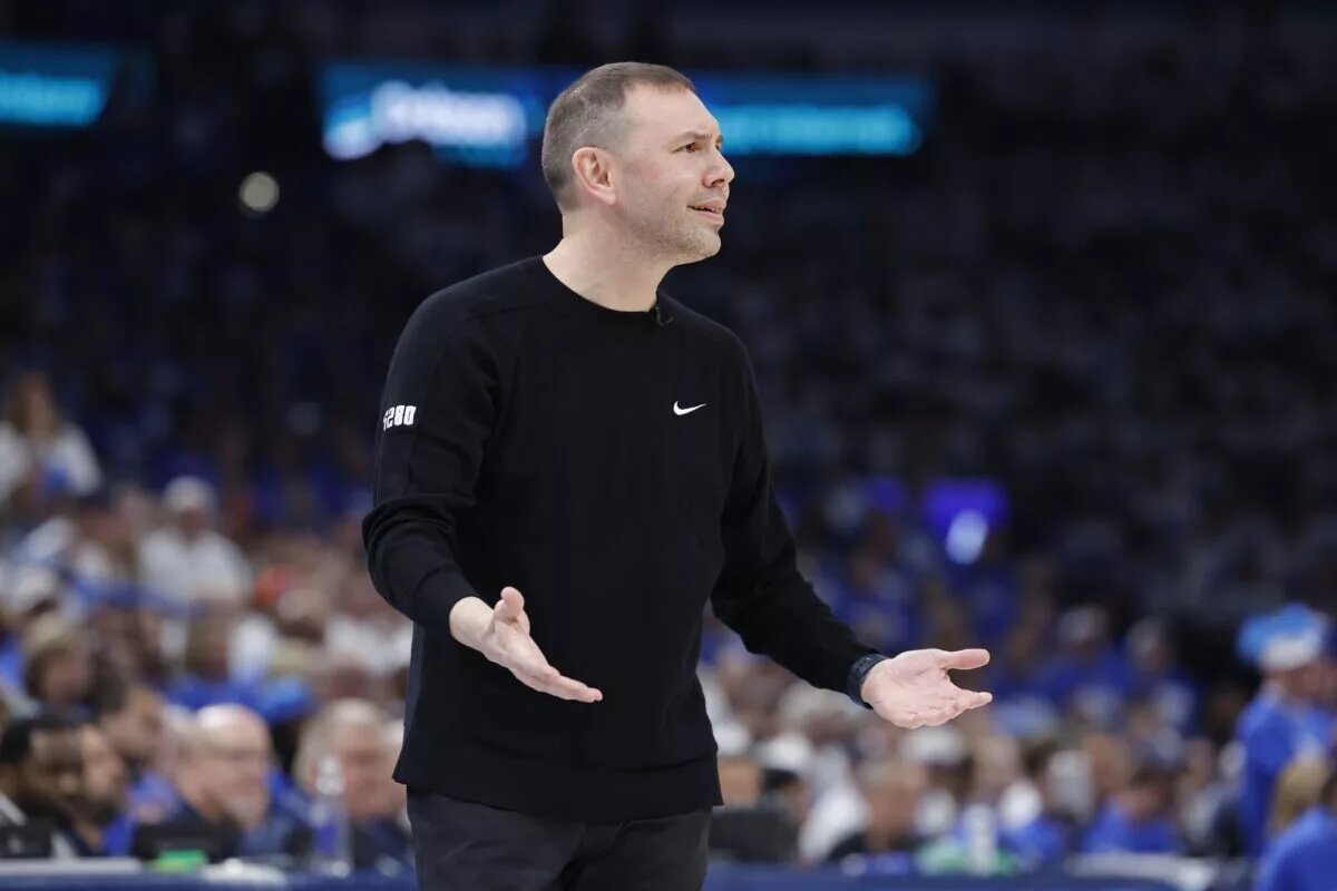 Denver Nuggets head coach David Adelman reacts after a play against the Oklahoma City Thunder during the second half of game five of the second round for the 2025 NBA Playoffs at Paycom Center.