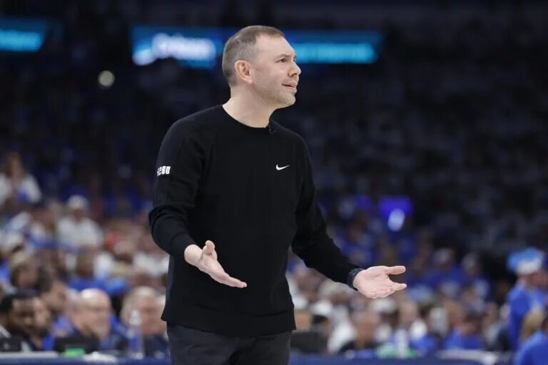 Denver Nuggets head coach David Adelman reacts after a play against the Oklahoma City Thunder during the second half of game five of the second round for the 2025 NBA Playoffs at Paycom Center.