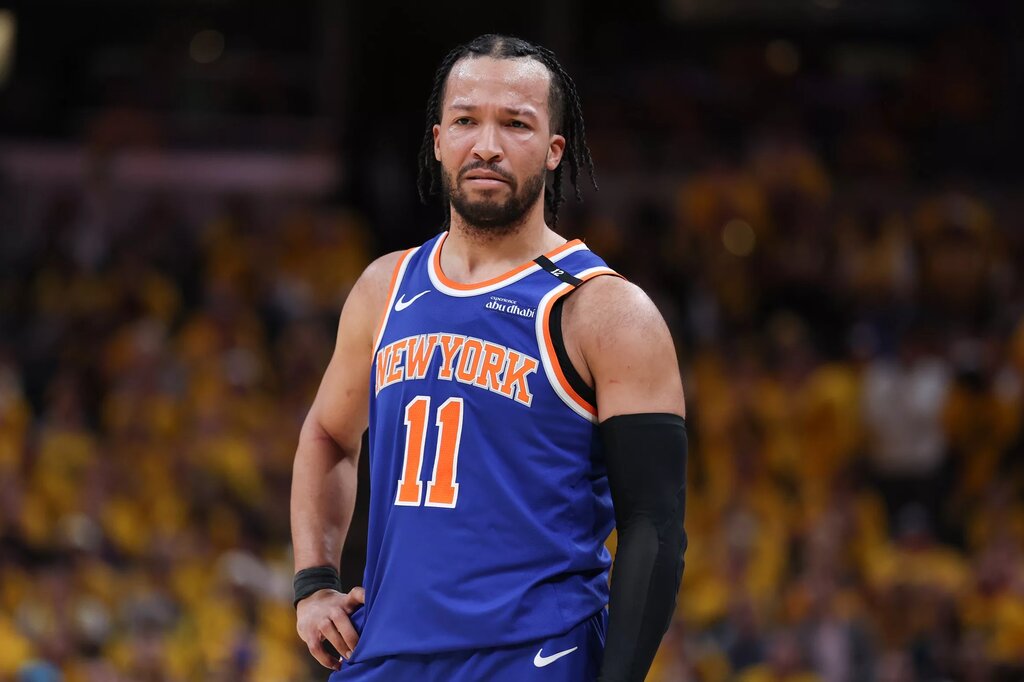 May 31, 2025; Indianapolis, Indiana, USA; New York Knicks guard Jalen Brunson (11) reacts in the second quarter during game six of the eastern conference finals against the Indiana Pacers for the 2025 NBA Playoffs at Gainbridge Fieldhouse. Mandatory Credit: Trevor Ruszkowski-Imagn Images