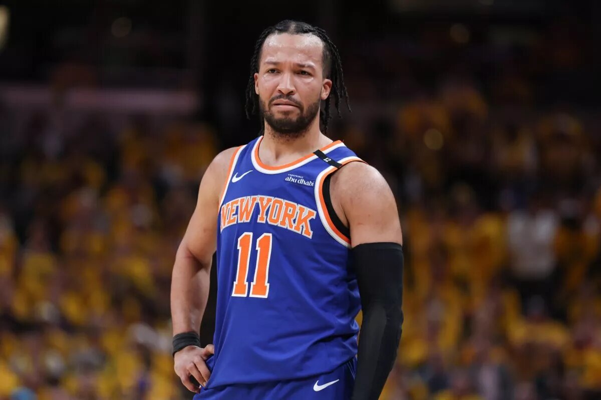 May 31, 2025; Indianapolis, Indiana, USA; New York Knicks guard Jalen Brunson (11) reacts in the second quarter during game six of the eastern conference finals against the Indiana Pacers for the 2025 NBA Playoffs at Gainbridge Fieldhouse. Mandatory Credit: Trevor Ruszkowski-Imagn Images
