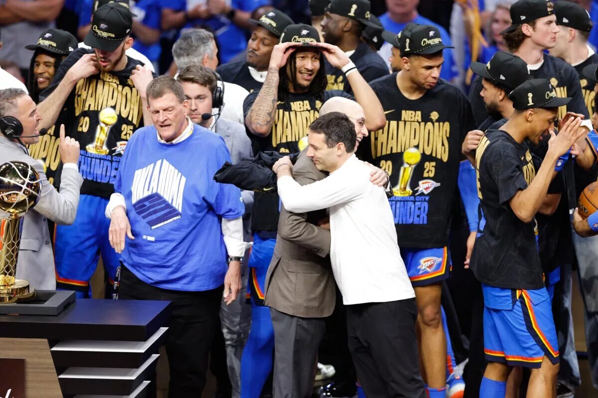 Jun 22, 2025; Oklahoma City, Oklahoma, USA; NBA commissioner Adam Silver hugs Oklahoma City Thunder head coach Mark Daigneault after winning game seven of the 2025 NBA Finals against the Indiana Pacers at Paycom Center. Mandatory Credit: Alonzo Adams-Imagn Images