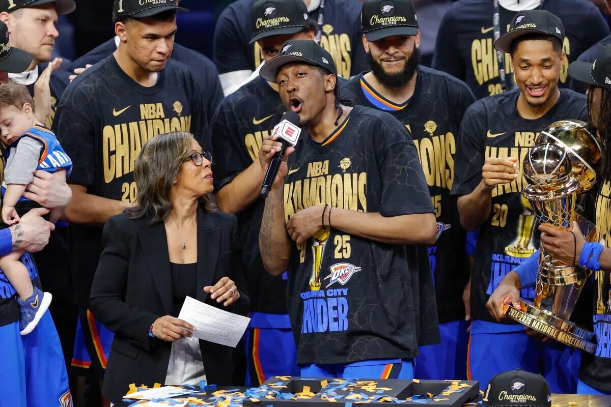 Jun 22, 2025; Oklahoma City, Oklahoma, USA; Oklahoma City Thunder forward Jalen Williams (8) speaks to fans after his team won the NBA Finals against the Indiana Pacers in game seven of the 2025 NBA Finals at Paycom Center. Mandatory Credit: Alonzo Adams-Imagn Images