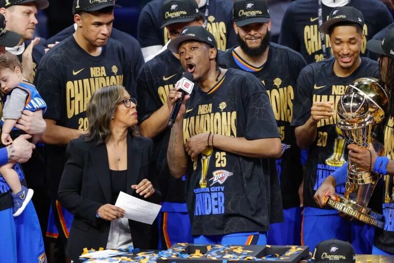 Jun 22, 2025; Oklahoma City, Oklahoma, USA; Oklahoma City Thunder forward Jalen Williams (8) speaks to fans after his team won the NBA Finals against the Indiana Pacers in game seven of the 2025 NBA Finals at Paycom Center. Mandatory Credit: Alonzo Adams-Imagn Images