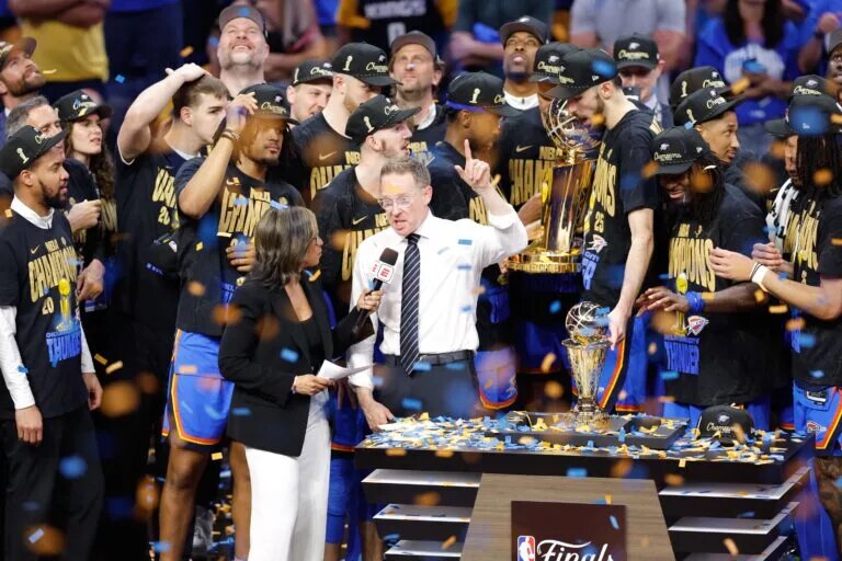 Oklahoma City Thunder general manager Sam Presti speaks during the championship ceremony after his team defeated the Indiana Pacers in game seven of the 2025 NBA Finals at Paycom Center.