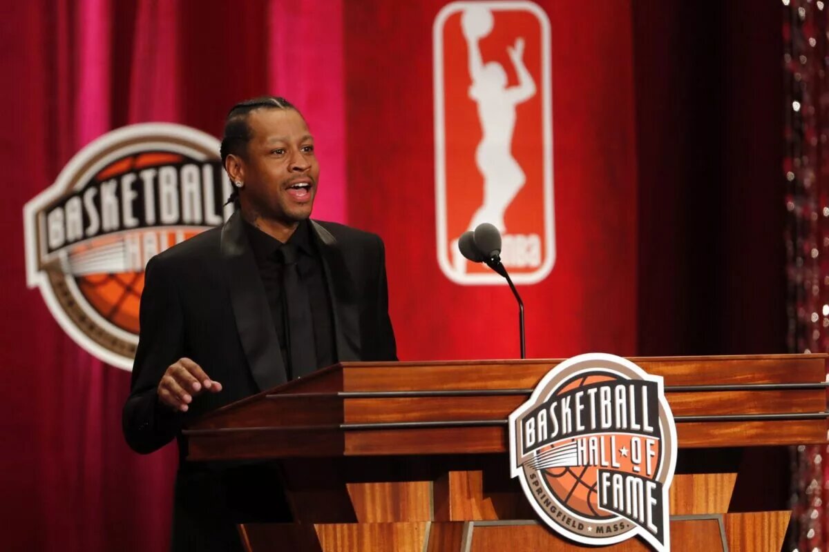 Allen Iverson speaks at the Springfield Symphony Hall during the 2016 Naismith Memorial Basketball Hall of Fame Enshrinement Ceremony.