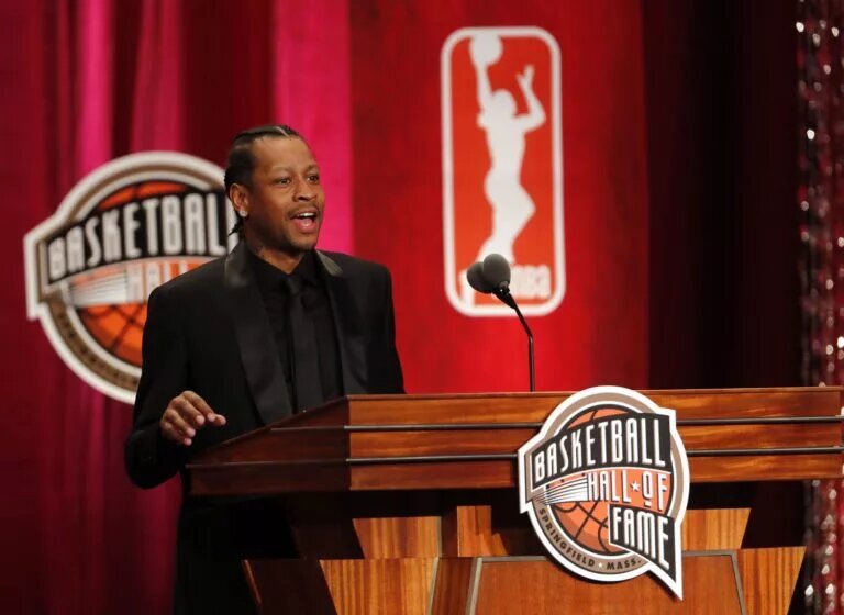 Allen Iverson speaks at the Springfield Symphony Hall during the 2016 Naismith Memorial Basketball Hall of Fame Enshrinement Ceremony.