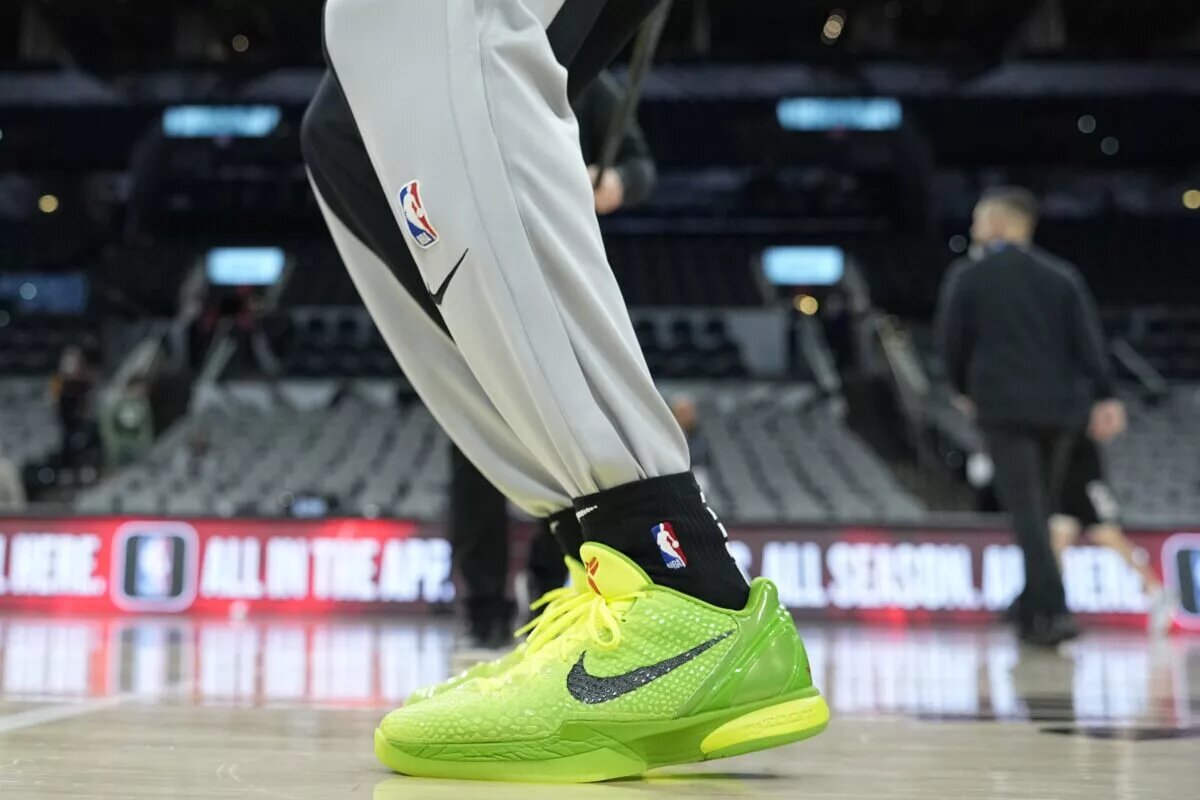 Jan 4, 2024; San Antonio, Texas, USA; Detailed view of the shoes worn by San Antonio Spurs forward Jeremy Sochan (10) before a game against the Milwaukee Bucks at Frost Bank Center. Mandatory Credit: Scott Wachter-USA TODAY Sports