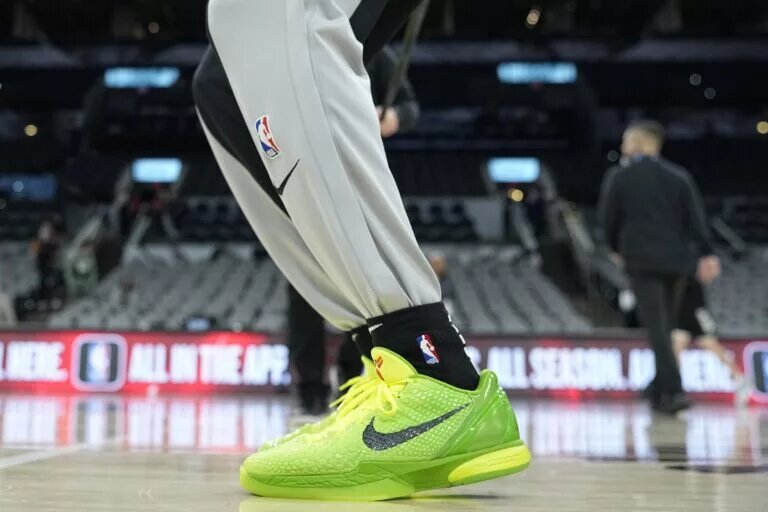 Jan 4, 2024; San Antonio, Texas, USA; Detailed view of the shoes worn by San Antonio Spurs forward Jeremy Sochan (10) before a game against the Milwaukee Bucks at Frost Bank Center. Mandatory Credit: Scott Wachter-USA TODAY Sports