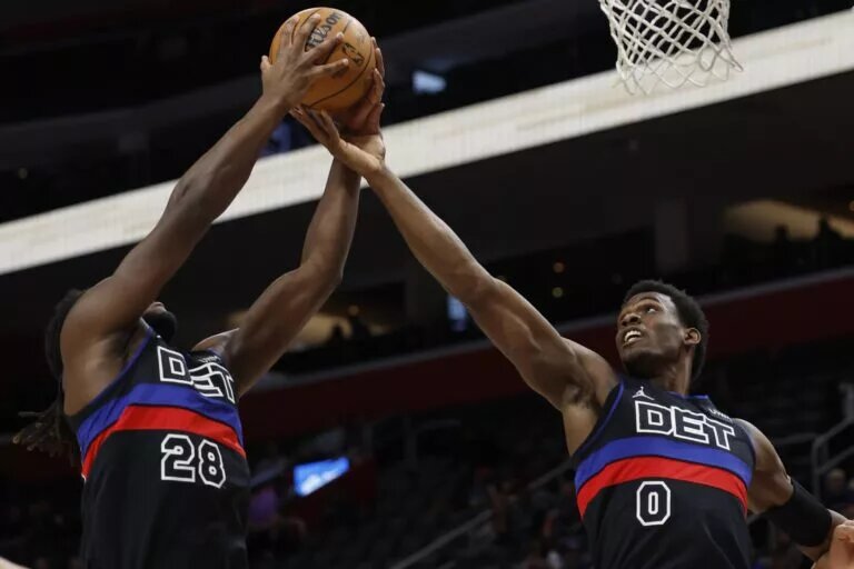 Jan 17, 2024; Detroit, Michigan, USA; Detroit Pistons center Isaiah Stewart (28) and center Jalen Duren (0) go for the rebound in the first half at Little Caesars Arena. Mandatory Credit: Rick Osentoski-USA TODAY Sports
