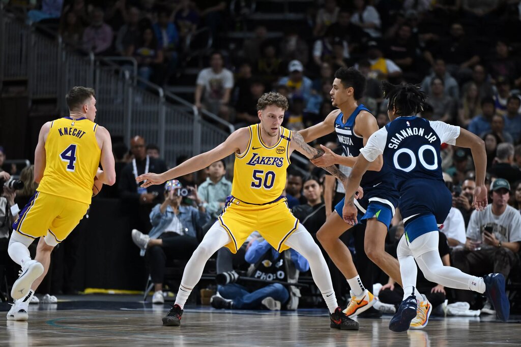 Oct 4, 2024; Palm Desert, California, USA; Los Angeles Lakers center Kylor Kelley (50) defends against the Minnesota Timberwolves during the second half at Acrisure Arena. Mandatory Credit: Jonathan Hui-Imagn Images