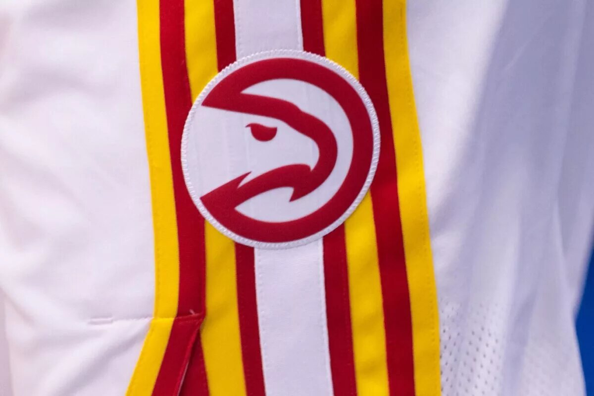 Nov 3, 2024; New Orleans, Louisiana, USA; Detailed view of the Atlanta Hawks logo during warmups before the game against the New Orleans Pelicans at Smoothie King Center. Mandatory Credit: Stephen Lew-Imagn Images