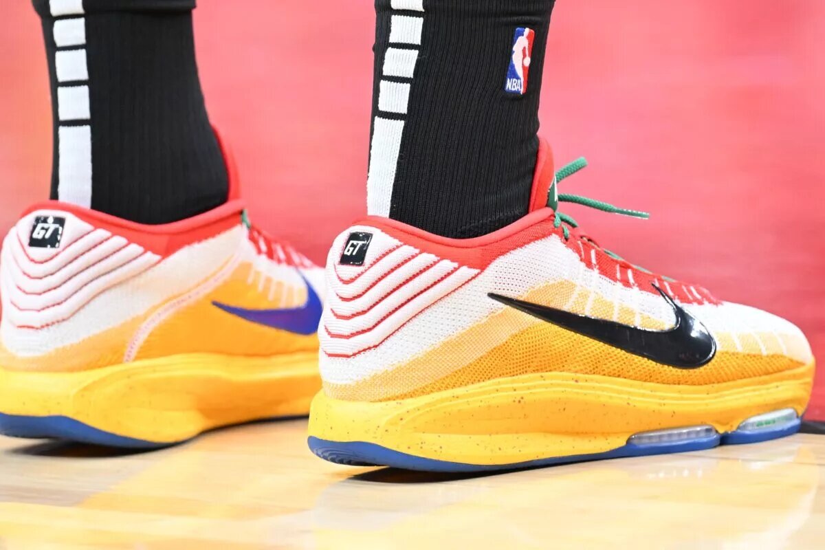 Dec 1, 2024; Toronto, Ontario, CAN; A view of shoes worn by Miami Heat forward Kevin Love (42) against the Toronto Raptors at Scotiabank Arena. Mandatory Credit: Dan Hamilton-Imagn Images