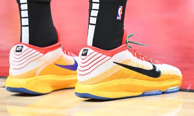 Dec 1, 2024; Toronto, Ontario, CAN; A view of shoes worn by Miami Heat forward Kevin Love (42) against the Toronto Raptors at Scotiabank Arena. Mandatory Credit: Dan Hamilton-Imagn Images