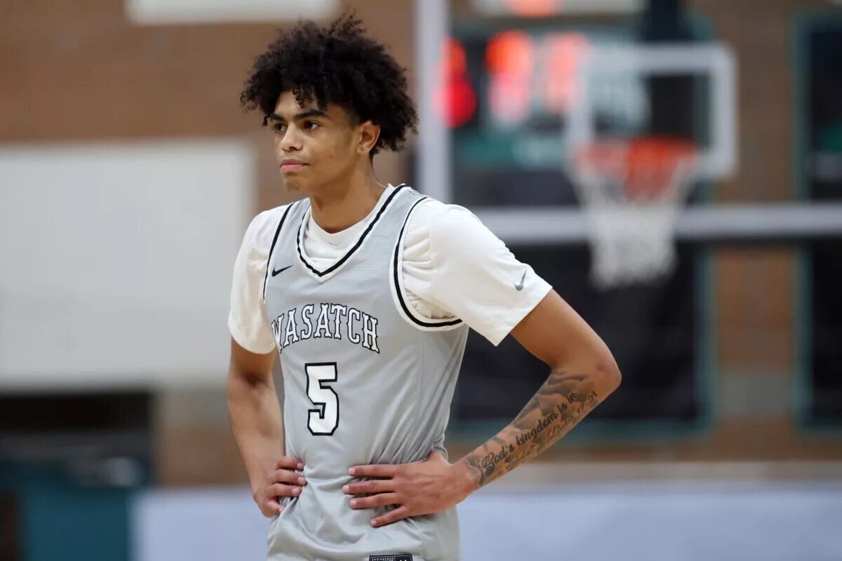 Jan 3, 2025; Gilbert, AZ, USA; Wasatch Academy guard Katrelle Harmon (5) against Link Academy during the Hoophall West High School Invitational at Highland High School. Mandatory Credit: Mark J. Rebilas-Imagn Images