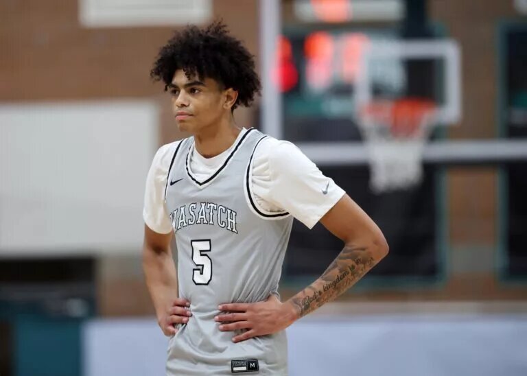 Jan 3, 2025; Gilbert, AZ, USA; Wasatch Academy guard Katrelle Harmon (5) against Link Academy during the Hoophall West High School Invitational at Highland High School. Mandatory Credit: Mark J. Rebilas-Imagn Images