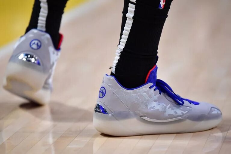 Feb 25, 2025; Los Angeles, California, USA; A detailed view of Los Angeles Lakers forward Rui Hachimura (28) shoes during the second half at Crypto.com Arena. Mandatory Credit: Gary A. Vasquez-Imagn Images