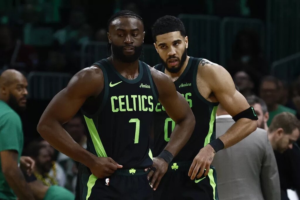 Boston Celtics guard Jaylen Brown (7) and forward Jayson Tatum