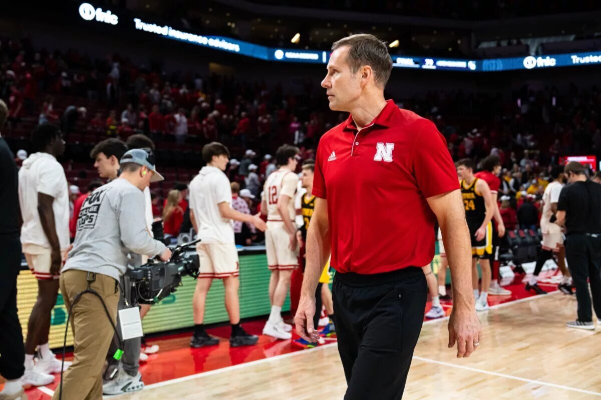 Mar 9, 2025; Lincoln, Nebraska, USA; Nebraska Cornhuskers head coach Fred Hoiberg walks off the court after falling to the Iowa Hawkeyes at Pinnacle Bank Arena. Mandatory Credit: Dylan Widger-Imagn Images