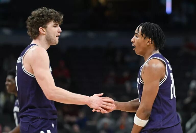 Northwestern Basketball players Nick Martinelli and Justin Mullins