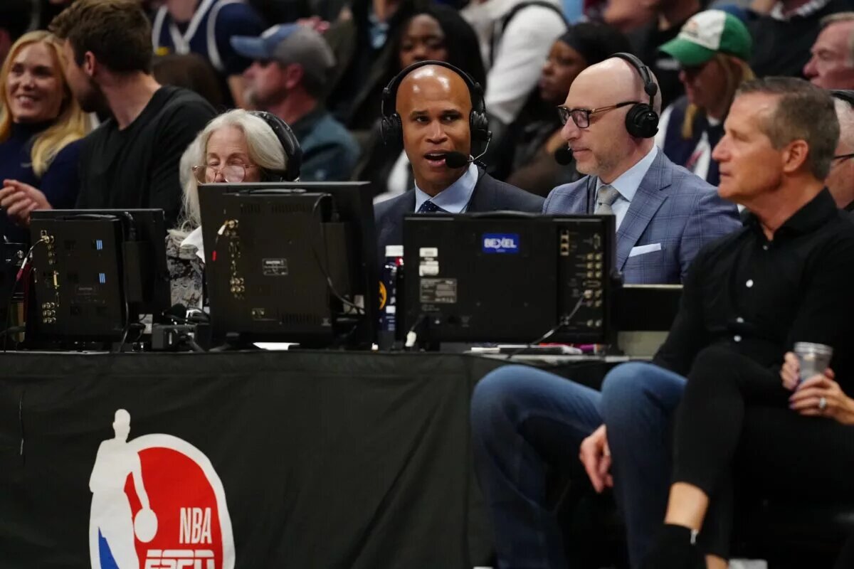 Mar 12, 2025; Denver, Colorado, USA; General view of the ESPN broadcast crew during a game between the Minnesota Timberwolves against the Denver Nuggets at Ball Arena. Mandatory Credit: Ron Chenoy-Imagn Images